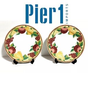 Pier 1 Mosaic Fruit Fall Dinner/Serving Plates~ Earthenware Italy~ Set of 2~ 10"